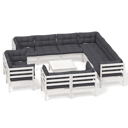12-tlg. Garten-Lounge-Set mit Kissen Weiß Massivholz Kiefer