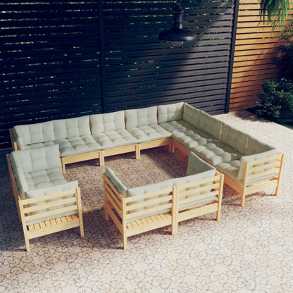12-tlg. Garten-Lounge-Set mit Creme Kissen Massivholz Kiefer