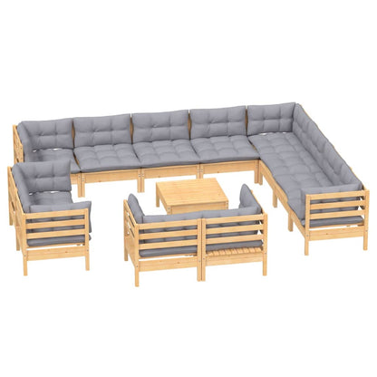 13-tlg. Garten-Lounge-Set mit Grauen Kissen Massivholz Kiefer