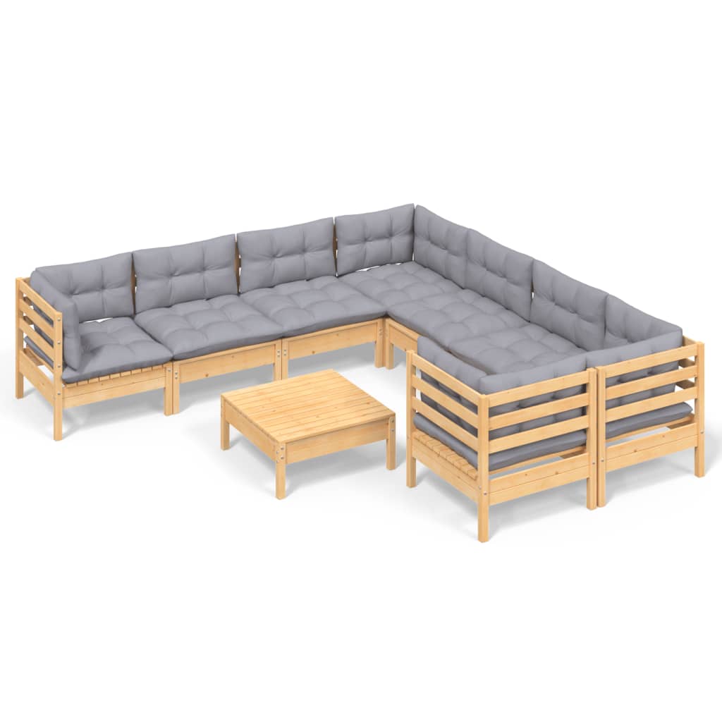 9-tlg. Garten-Lounge-Set mit Grauen Kissen Kiefernholz