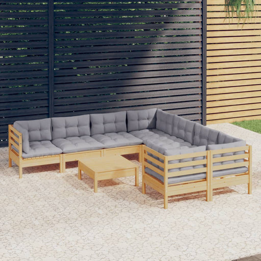 9-tlg. Garten-Lounge-Set mit Grauen Kissen Kiefernholz