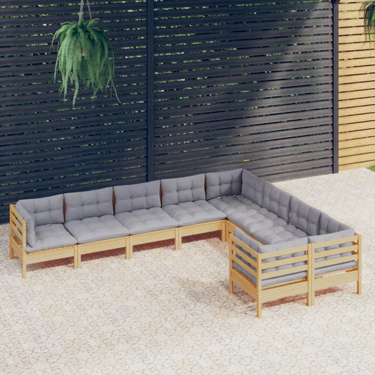 9-tlg. Garten-Lounge-Set mit Grauen Kissen Kiefernholz