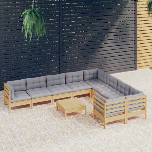 Salon de jardin 10 pièces avec coussins gris en pin