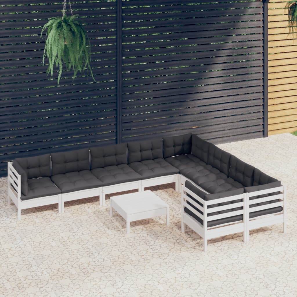 10-tlg. Garten-Lounge-Set mit Kissen Weiß Kiefernholz