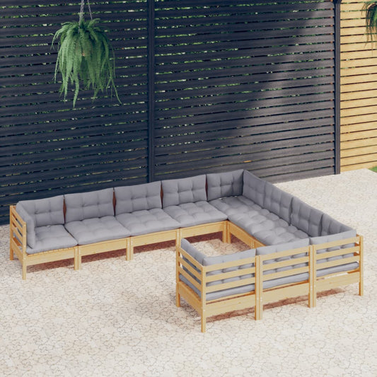 Salon de jardin 10 pièces avec coussins gris en pin