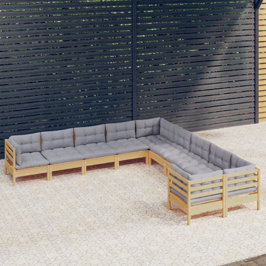 Salon de jardin 10 pièces avec coussins gris en pin