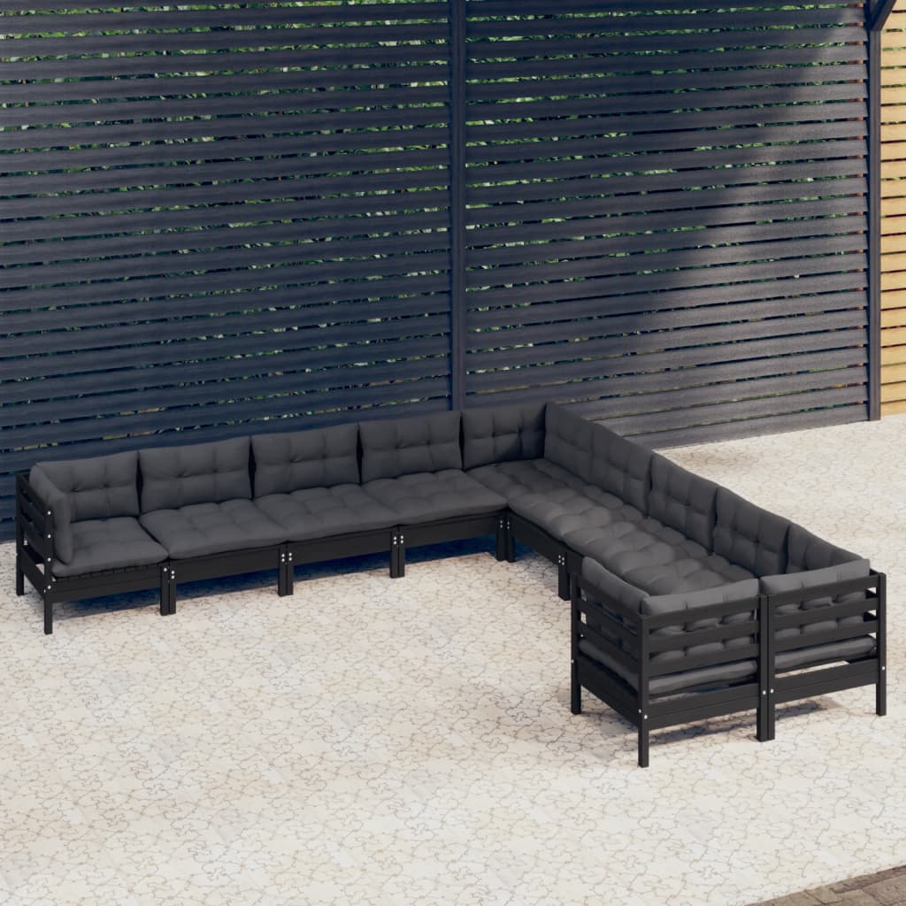 10-tlg. Garten-Lounge-Set mit Kissen Schwarz Kiefernholz