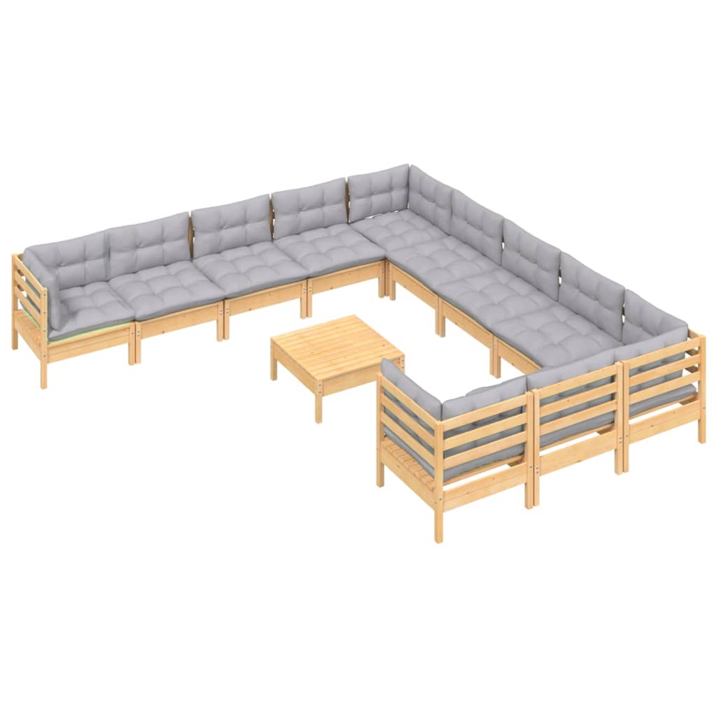 12-tlg. Garten-Lounge-Set mit Grauen Kissen Kiefernholz