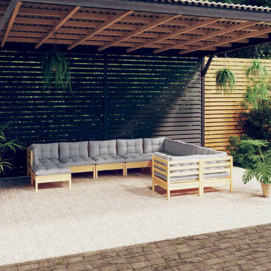 Salon de jardin 10 pièces avec coussins gris en pin