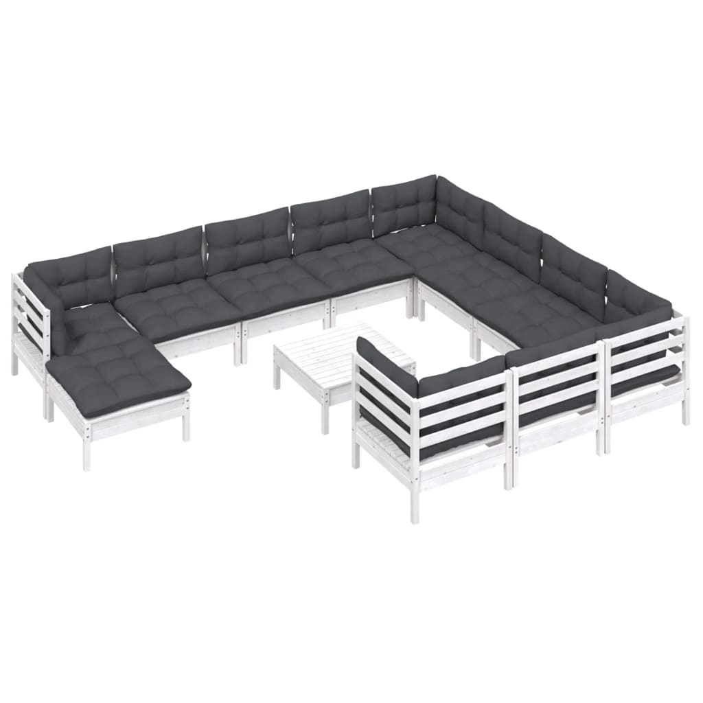 12-tlg. Garten-Lounge-Set mit Kissen Weiß Kiefernholz