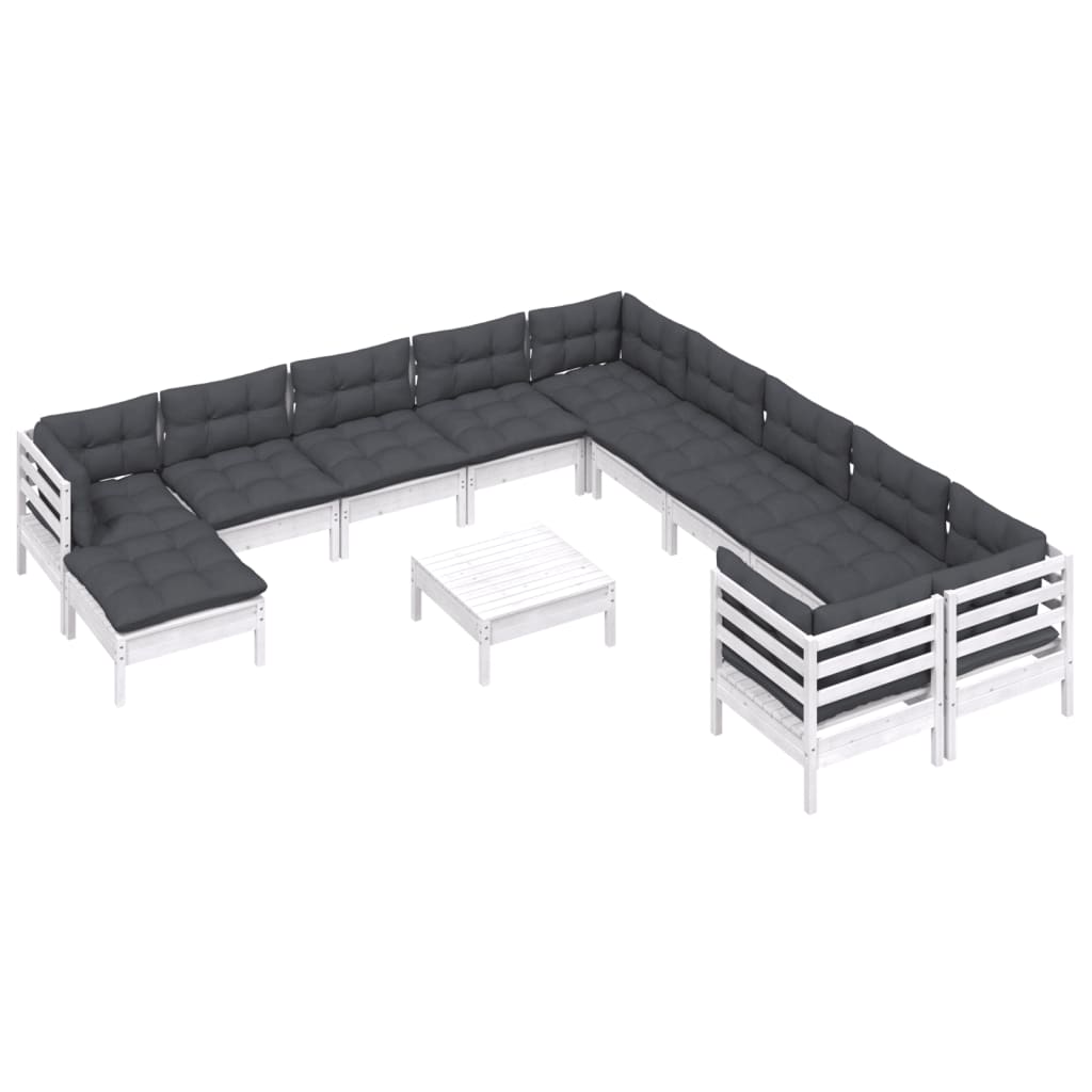 12-tlg. Garten-Lounge-Set mit Kissen Weiß Kiefernholz