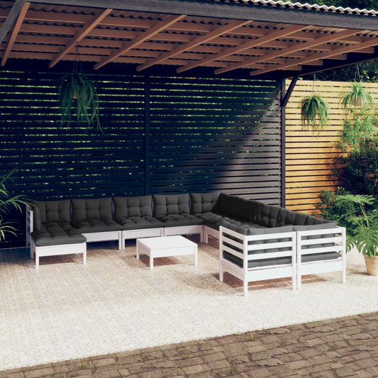 12-tlg. Garten-Lounge-Set mit Kissen Weiß Kiefernholz