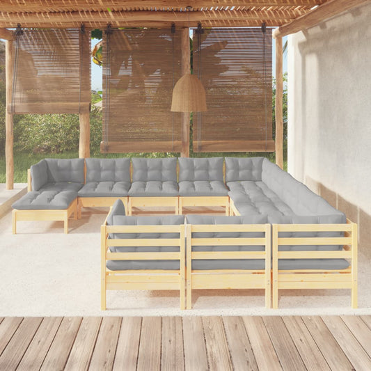12-tlg. Garten-Lounge-Set mit Grauen Kissen Kiefernholz