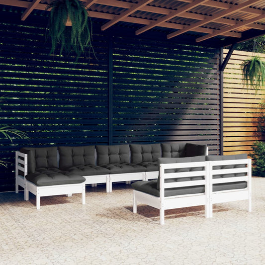9-tlg. Garten-Lounge-Set mit Kissen Weiß Kiefernholz