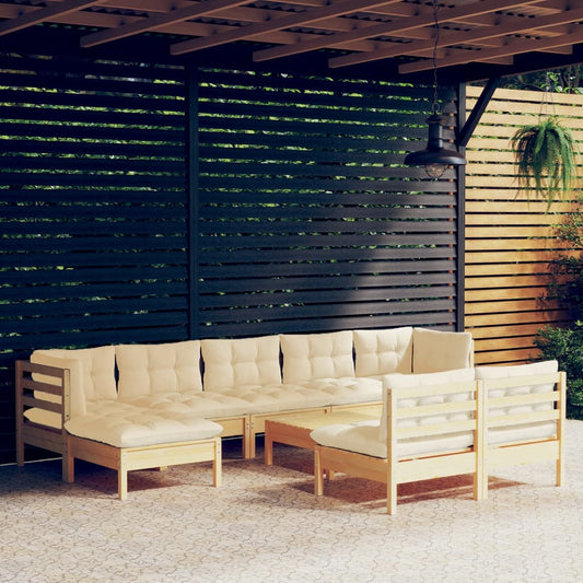 Salon de jardin 10 pièces avec coussins crème, bois de pin