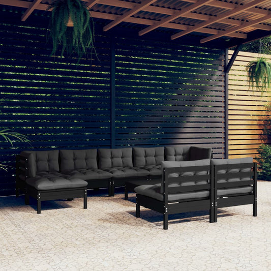Salon de jardin 10 pièces avec coussins, en pin noir