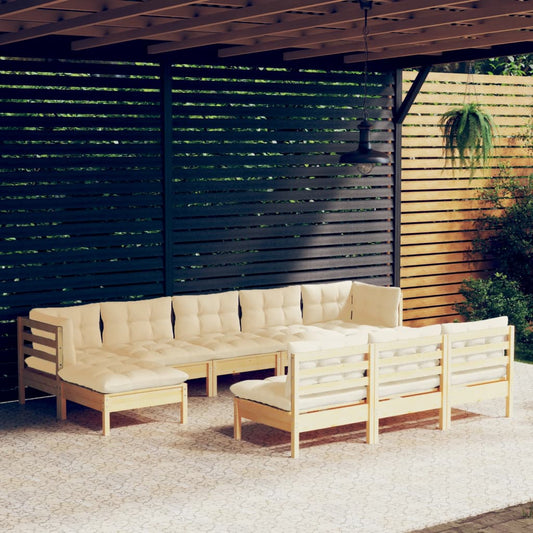 Salon de jardin 10 pièces avec coussins crème, bois de pin