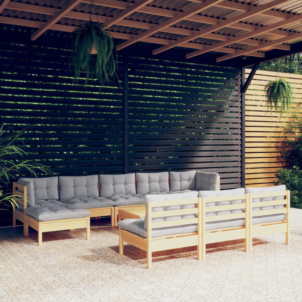 11-tlg. Garten-Lounge-Set mit Grauen Kissen Kiefernholz