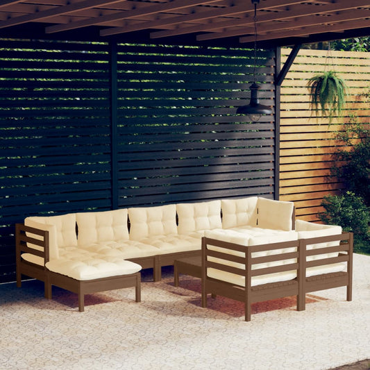Salon de jardin 10 pièces avec coussins, en pin brun miel