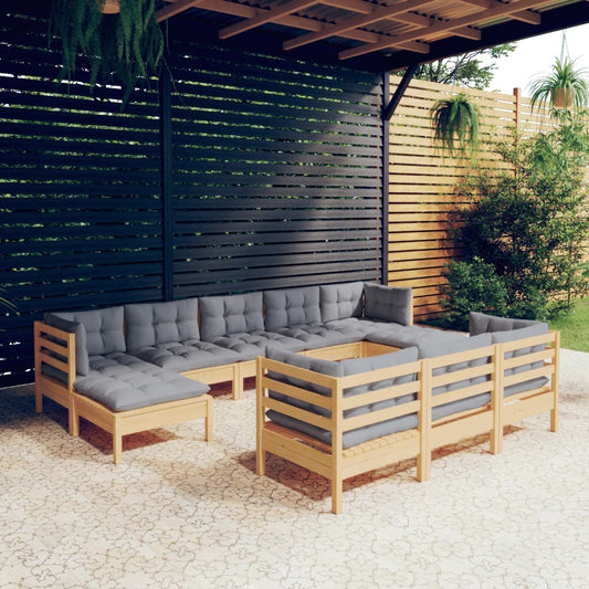 Salon de jardin 10 pièces avec coussins gris, bois de pin massif