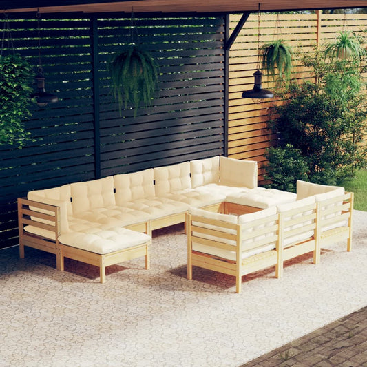 Salon de jardin 10 pièces avec coussins crème, bois de pin massif