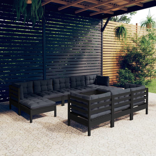 10-tlg. Garten-Lounge-Set mit Kissen Schwarz Kiefer Massivholz