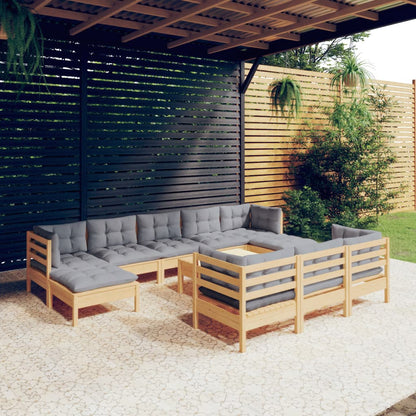 11-tlg. Garten-Lounge-Set mit Grauen Kissen Kiefer Massivholz