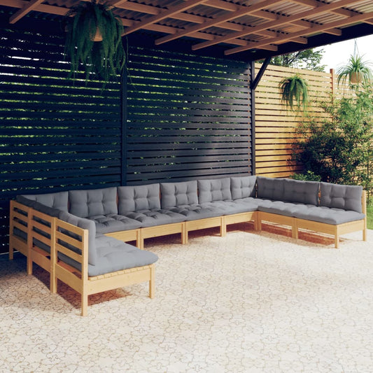 Salon de jardin 10 pièces avec coussins gris, bois de pin massif
