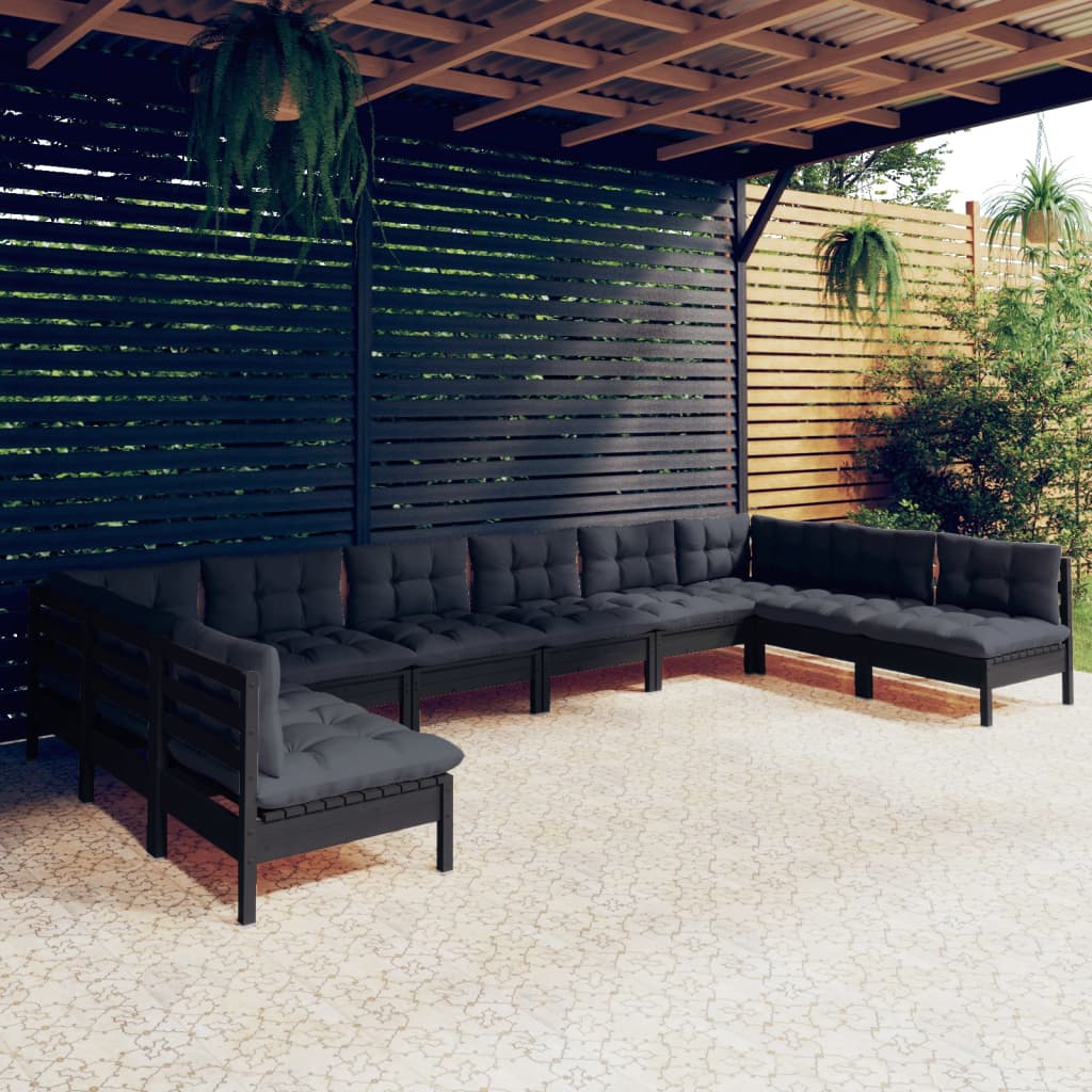 10-tlg. Garten-Lounge-Set mit Kissen Schwarz Kiefer Massivholz