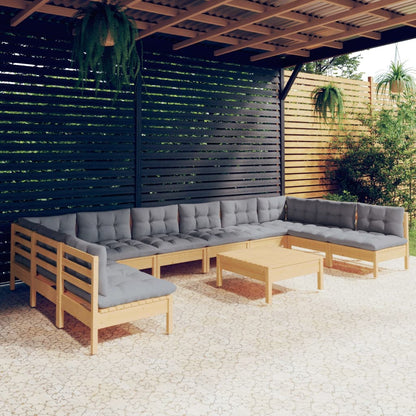 11-tlg. Garten-Lounge-Set mit Grauen Kissen Kiefer Massivholz