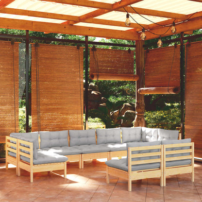 9-tlg. Garten-Lounge-Set mit Grauen Kissen Kiefer Massivholz