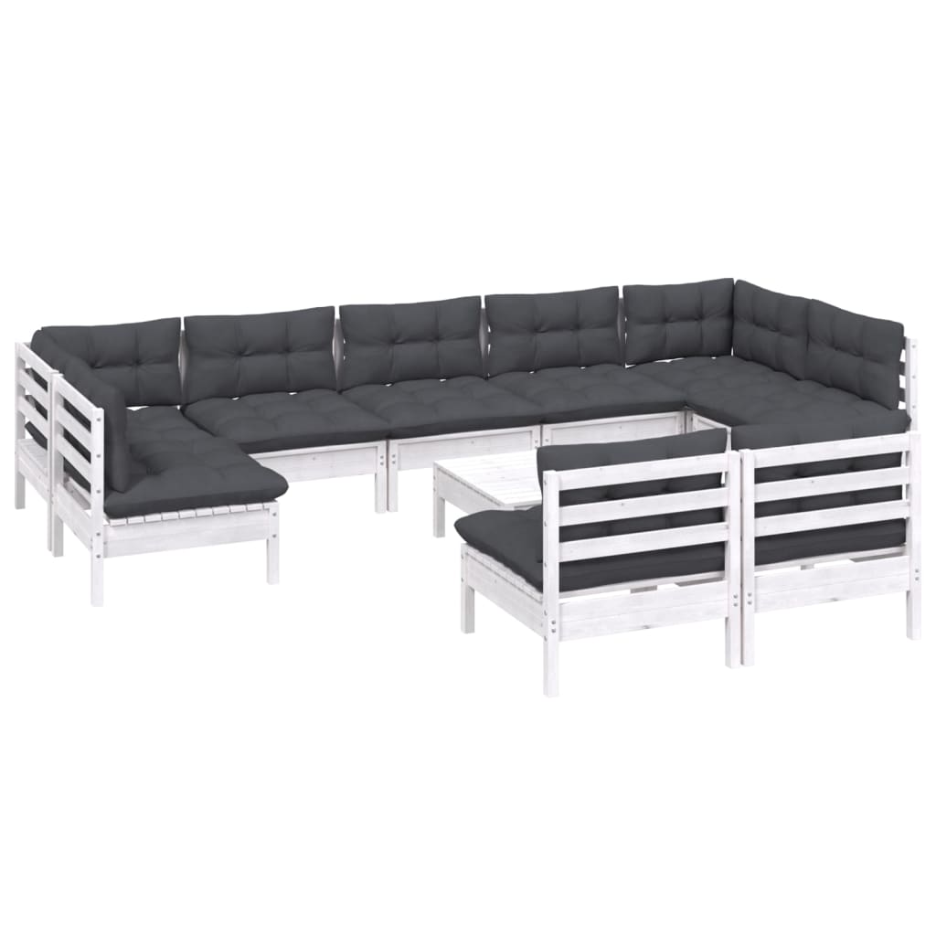 Salon de jardin 10 pièces avec coussins, en pin blanc massif