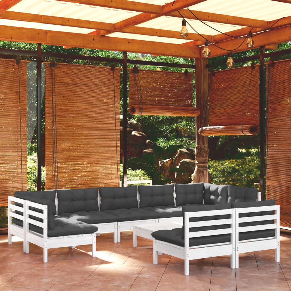 Salon de jardin 10 pièces avec coussins, en pin blanc massif
