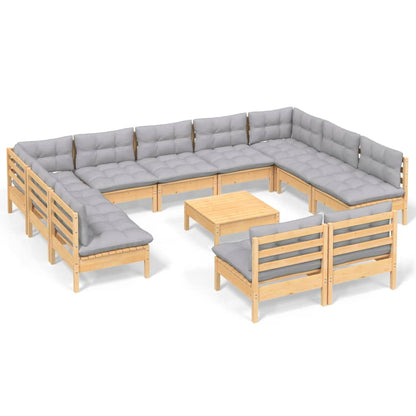 12-tlg. Garten-Lounge-Set mit Grauen Kissen Kiefer Massivholz