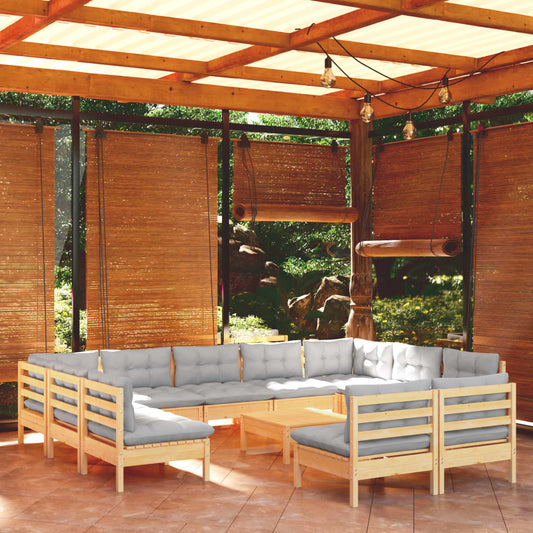 12-tlg. Garten-Lounge-Set mit Grauen Kissen Kiefer Massivholz