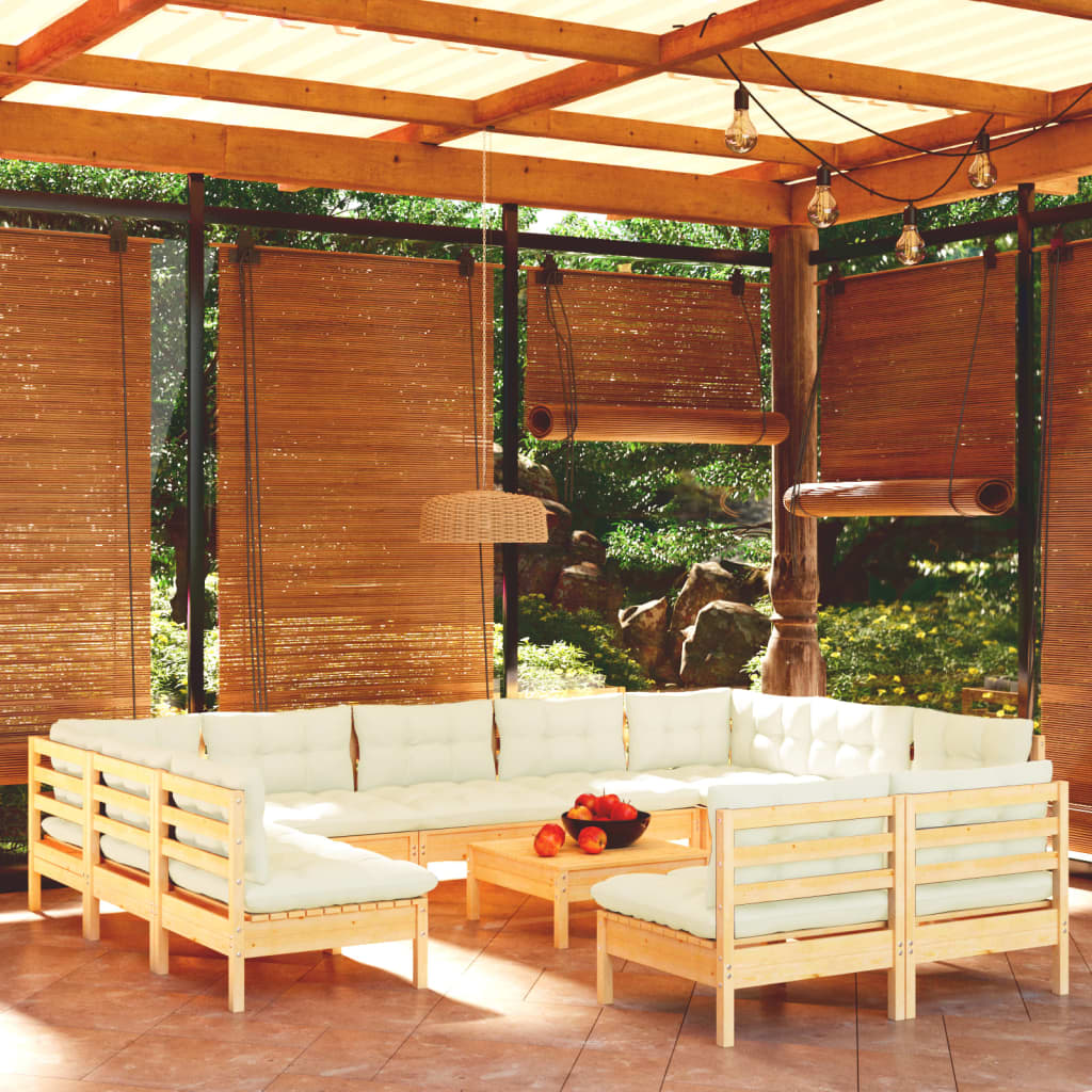 12-tlg. Garten-Lounge-Set mit Creme Kissen Massivholz Kiefer