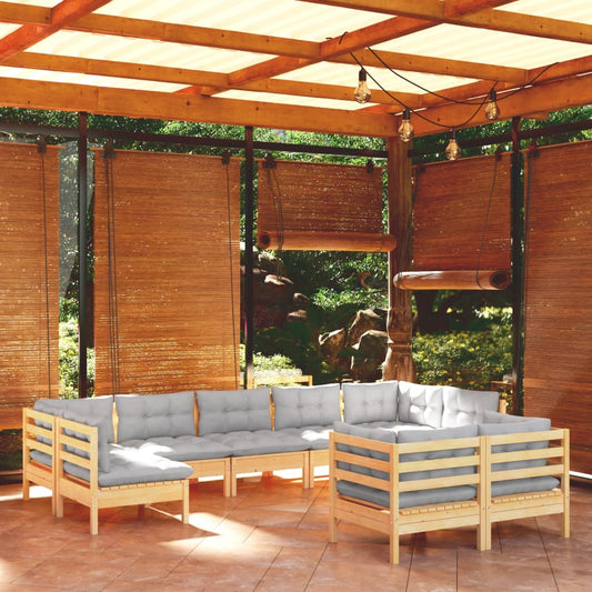 9-tlg. Garten-Lounge-Set mit Grauen Kissen Kiefer Massivholz