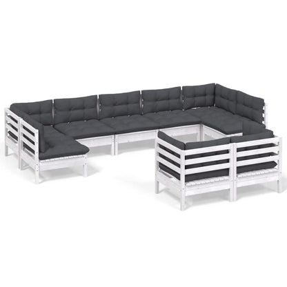 9-tlg. Garten-Lounge-Set mit Kissen Weiß Kiefer Massivholz