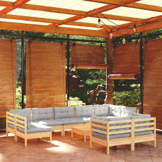 Salon de jardin 10 pièces avec coussins gris, bois de pin massif