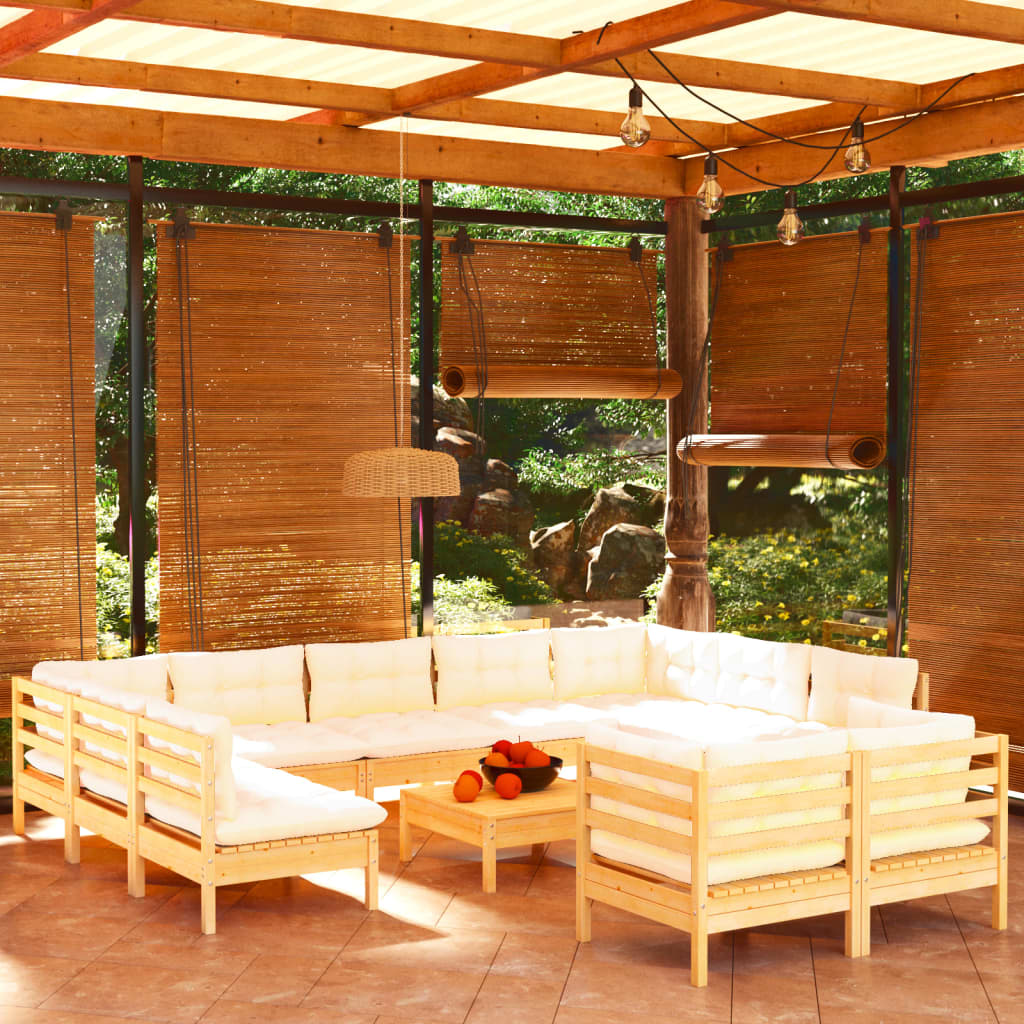 12-tlg. Garten-Lounge-Set mit Creme Kissen Massivholz Kiefer