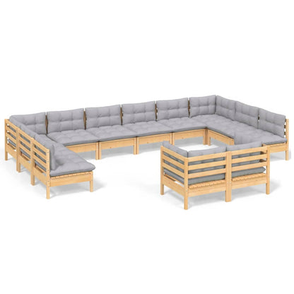 12-tlg. Garten-Lounge-Set mit Grauen Kissen Kiefer Massivholz