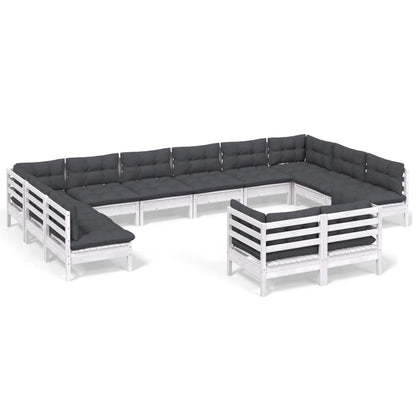 12-tlg. Garten-Lounge-Set mit Kissen Weiß Kiefer Massivholz