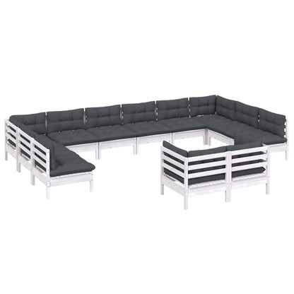 12-tlg. Garten-Lounge-Set mit Kissen Weiß Kiefer Massivholz