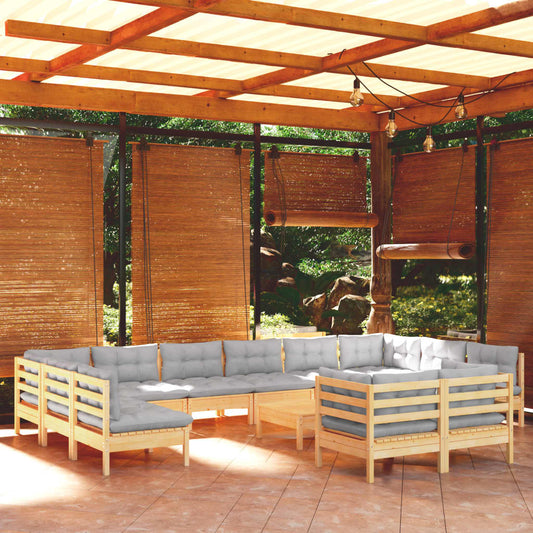 13-tlg. Garten-Lounge-Set mit Grauen Kissen Kiefernholz