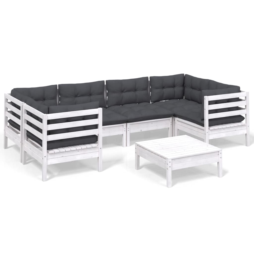 7-tlg. Garten-Lounge-Set mit Kissen Weiß Kiefernholz