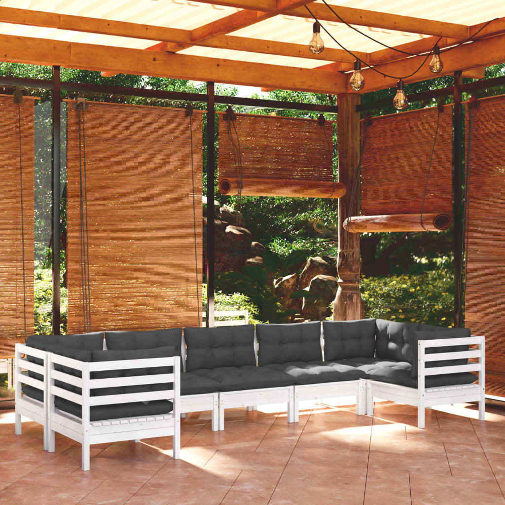 7-tlg. Garten-Lounge-Set mit Kissen Weiß Kiefernholz