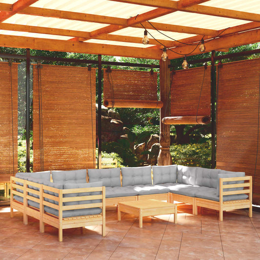 Salon de jardin 10 pièces avec coussins gris en pin