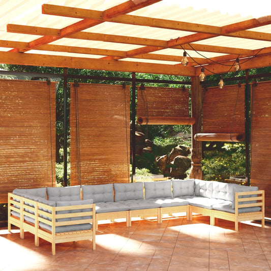 Salon de jardin 10 pièces avec coussins gris en pin