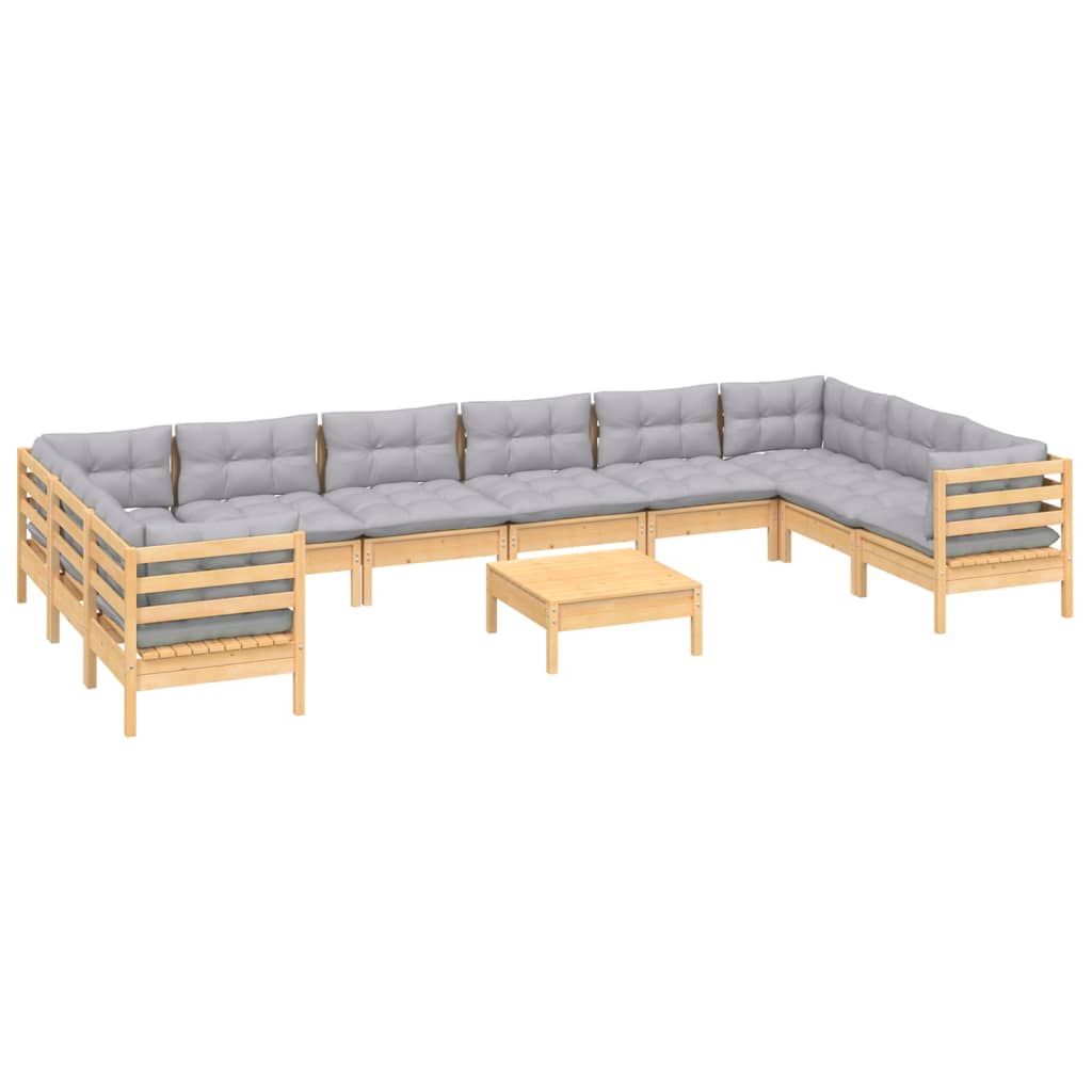 11-tlg. Garten-Lounge-Set mit Grauen Kissen Kiefernholz