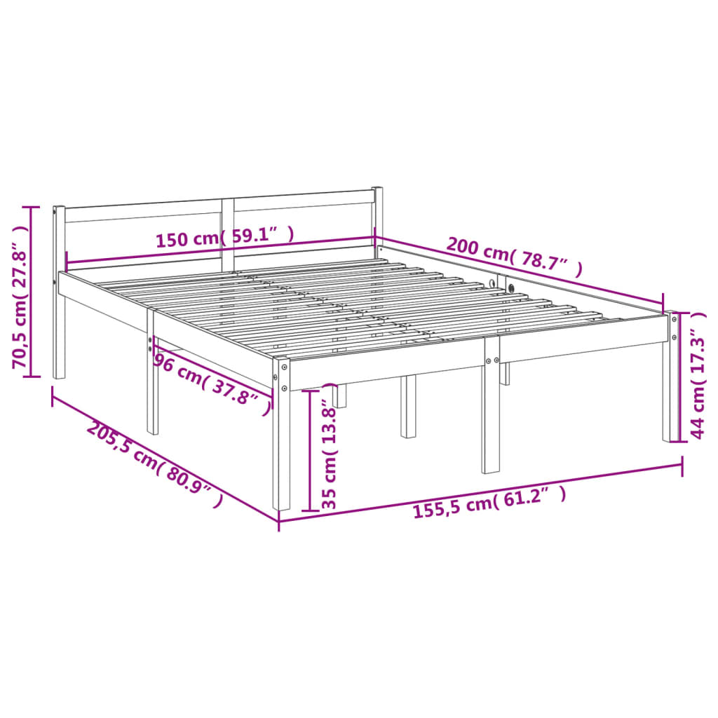 Lit senior gris 150x200 cm en pin massif